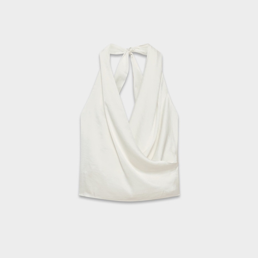 Aritzia Wilfred Martini Satin Halter Blouse in Light Birch - Picture 3 of 8